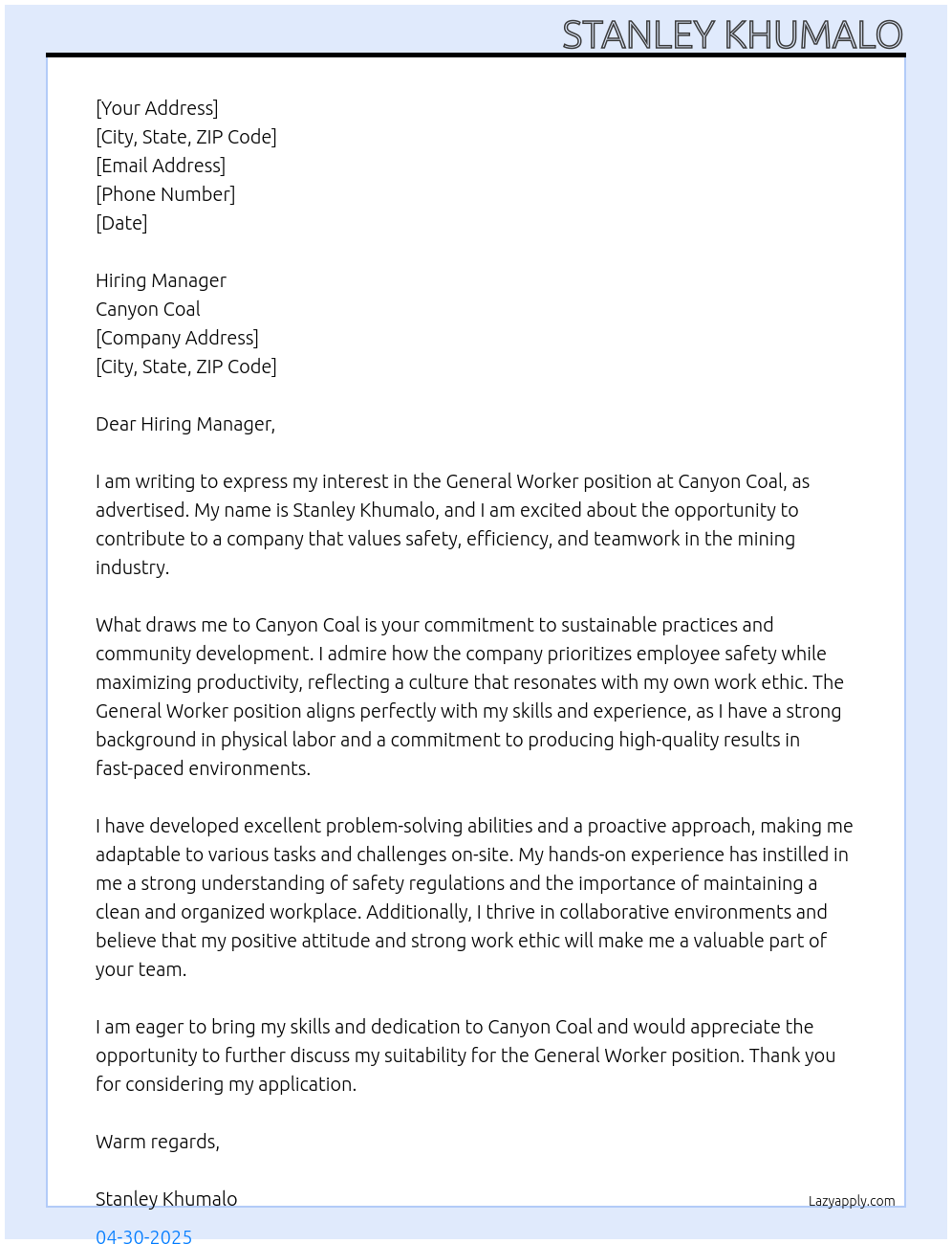 General Worker At Canyon Coal Cover Letter