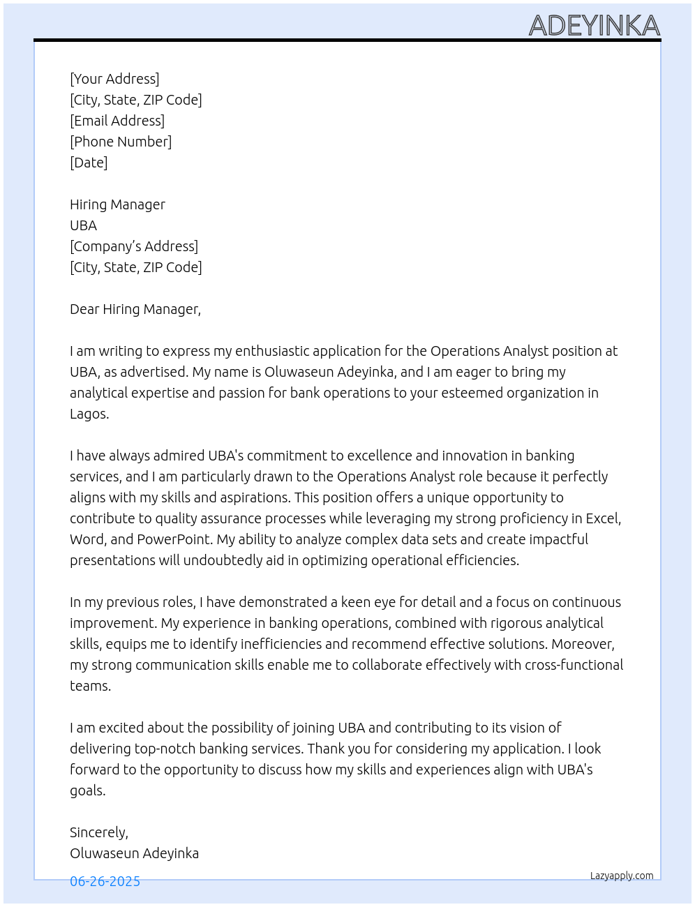 Operations analyst At UBA Cover Letter