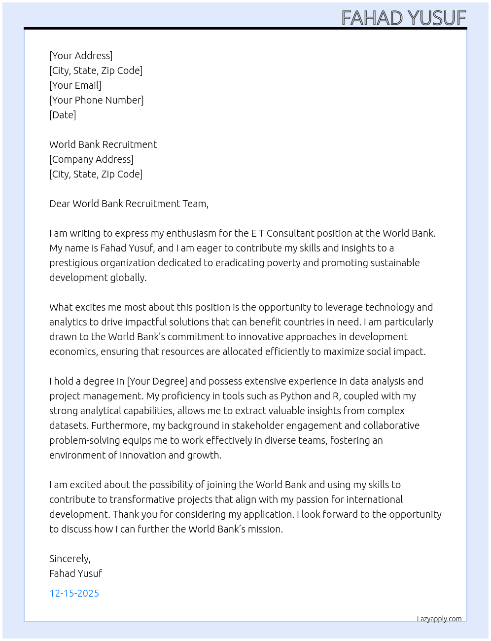 E T consultant  At World Bank  Cover Letter