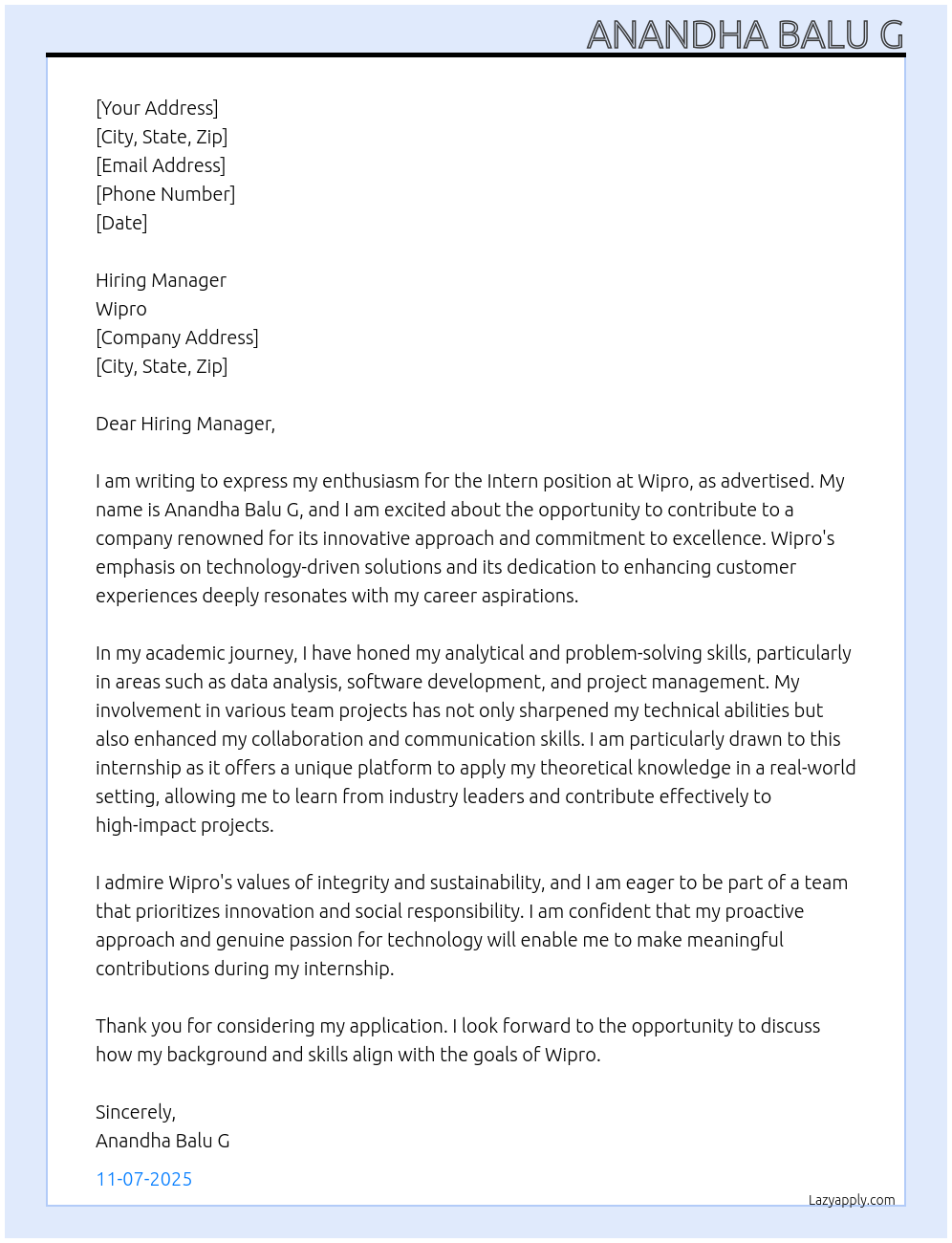 Intern At wipro Cover Letter