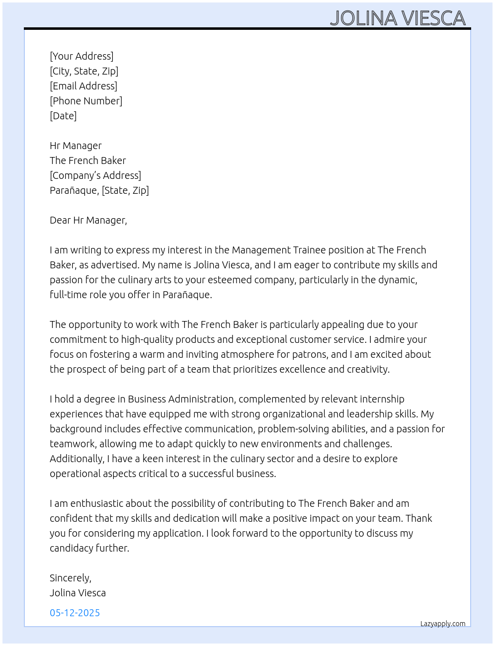 Management Trainee At The French Baker Cover Letter