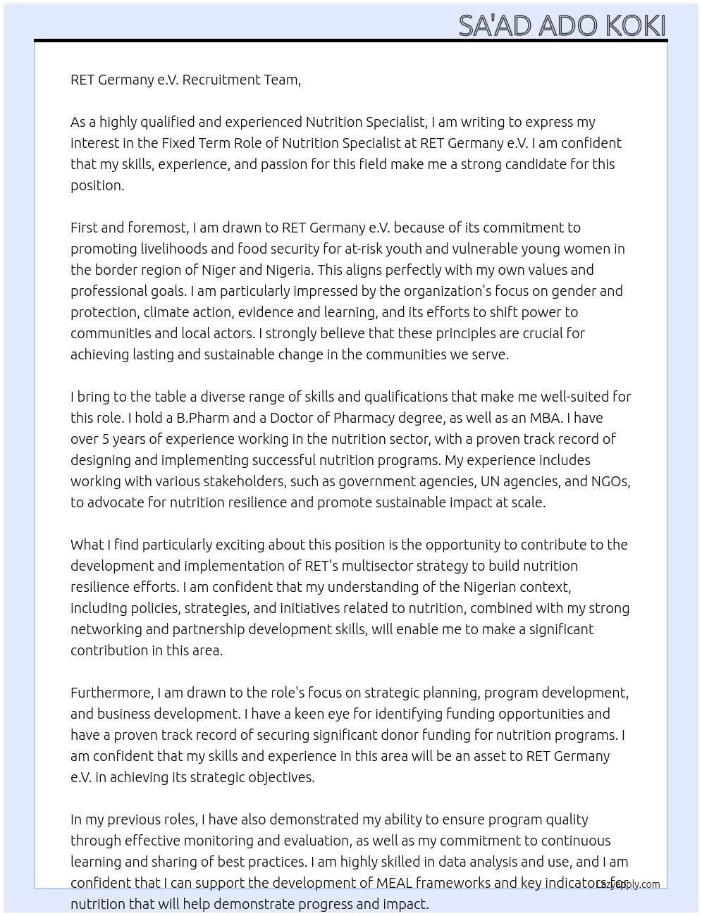 Nutrition Specialist At RET Germany e.V. Cover Letter