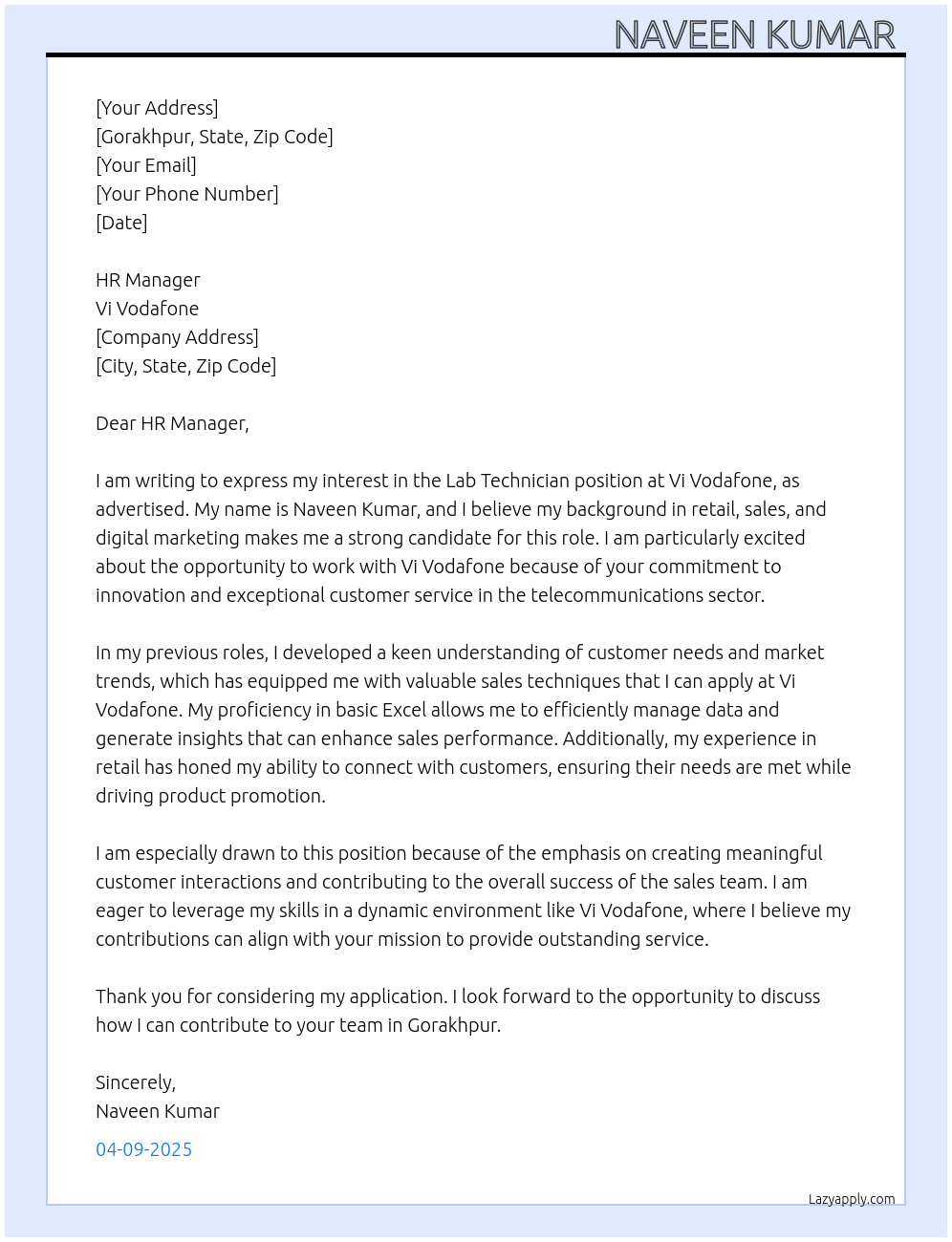 Lab technician At Vi Vodafone Cover Letter