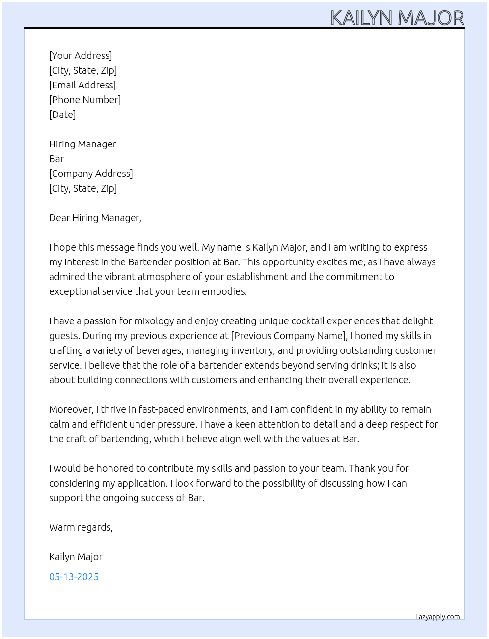Bartender At Bar Cover Letter