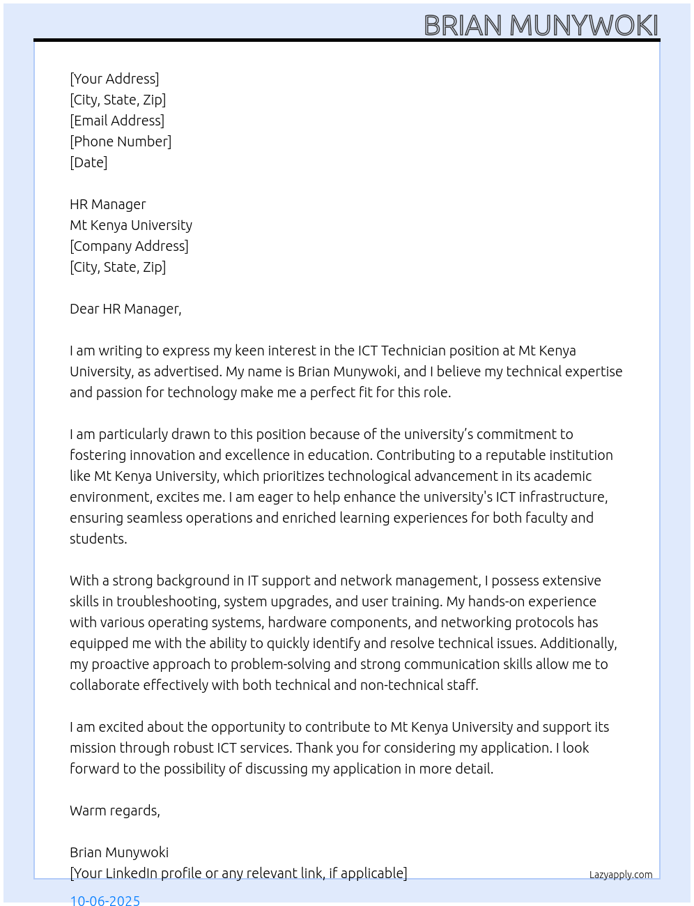 Cover letter for ict technician - LazyApply