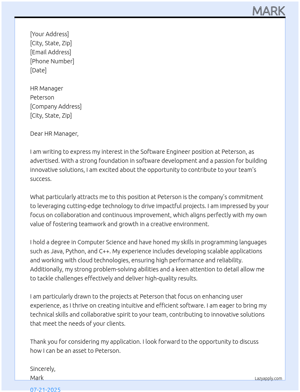 Software Engineer At Peterson Cover Letter