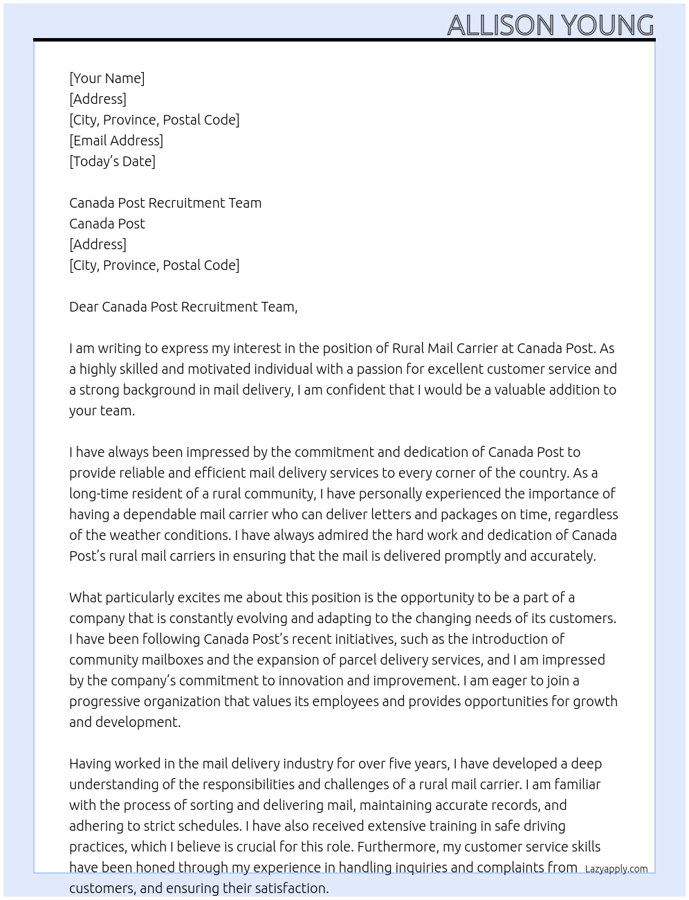 Cover letter for rural mail carrier - LazyApply