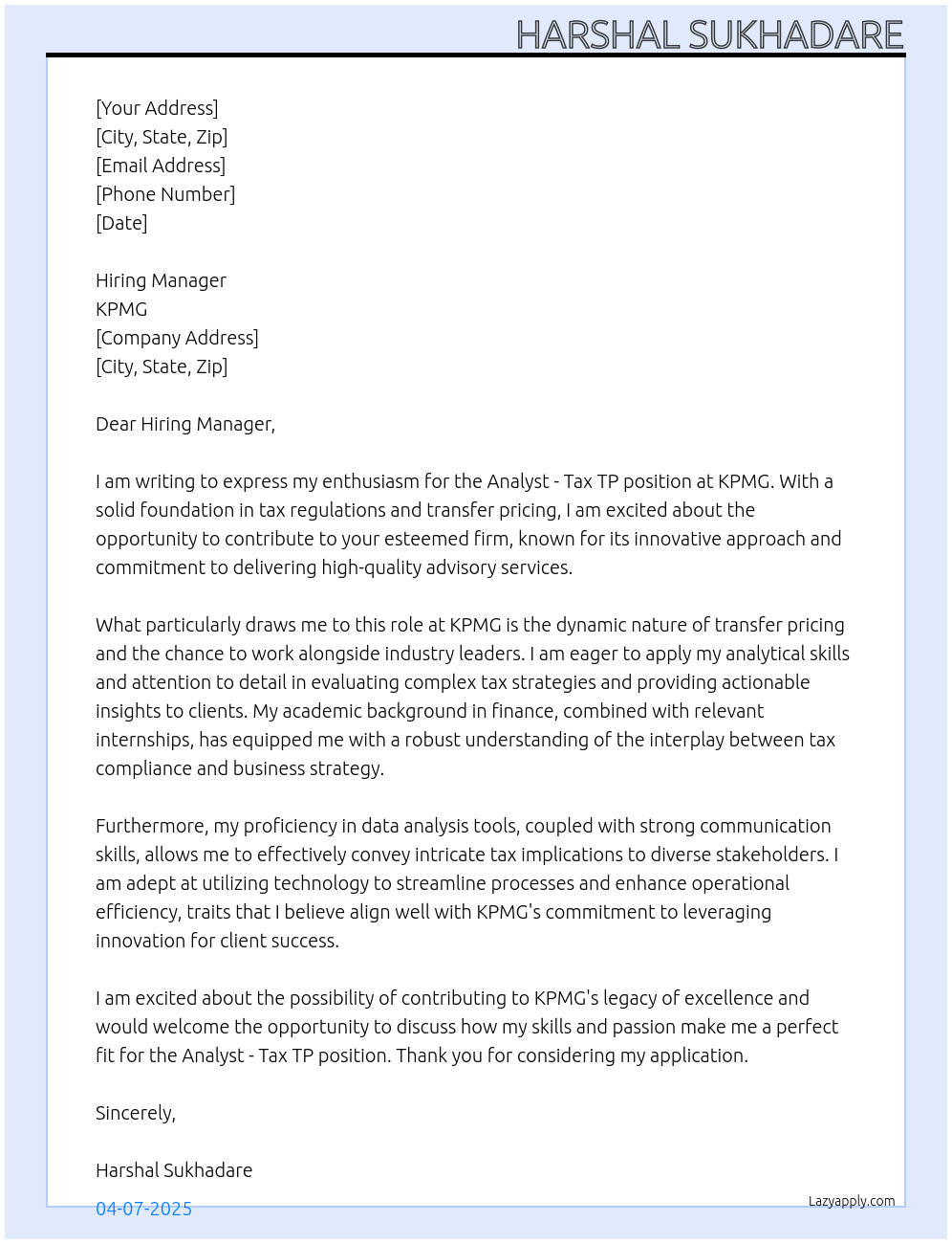 Cover letter for analyst - tax tp - LazyApply