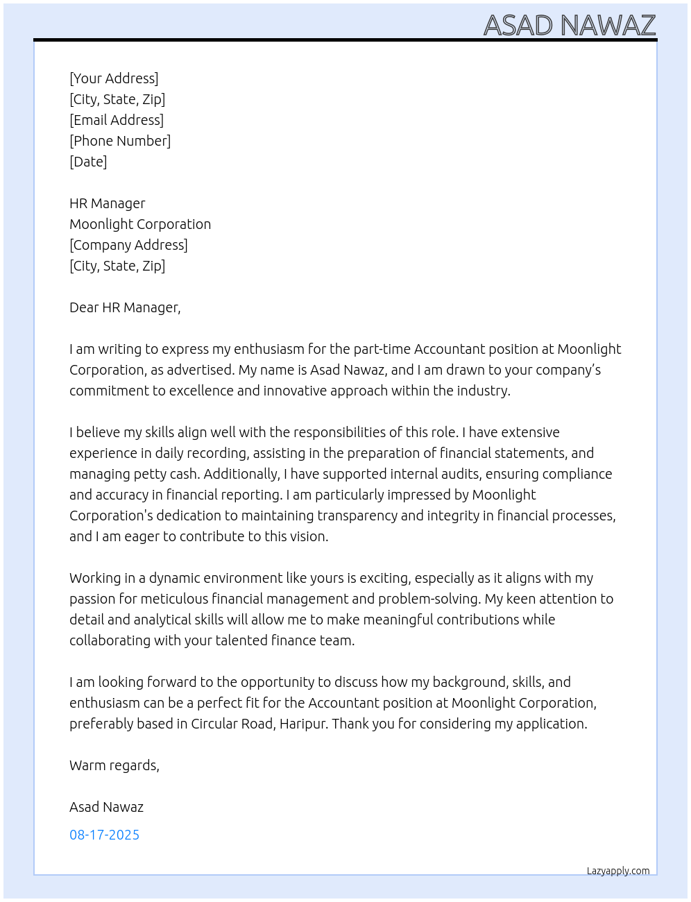 Accountant  At Moonlight corporation  Cover Letter