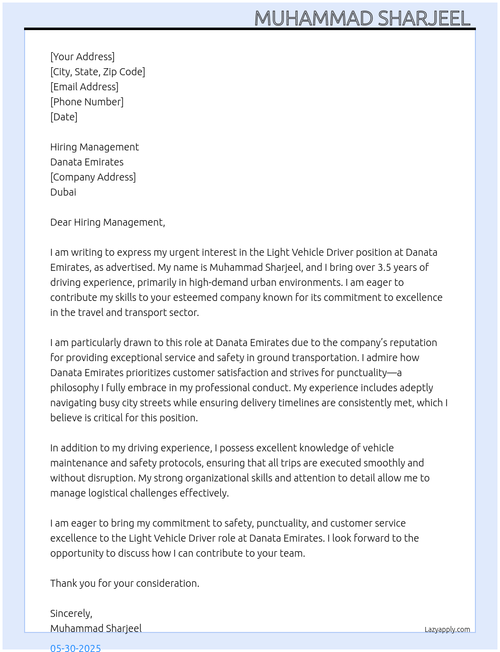 Light Vehicle driver At Danata Emirates Cover Letter