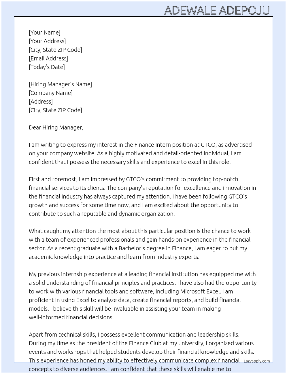 Finance intern At GTCO Cover Letter