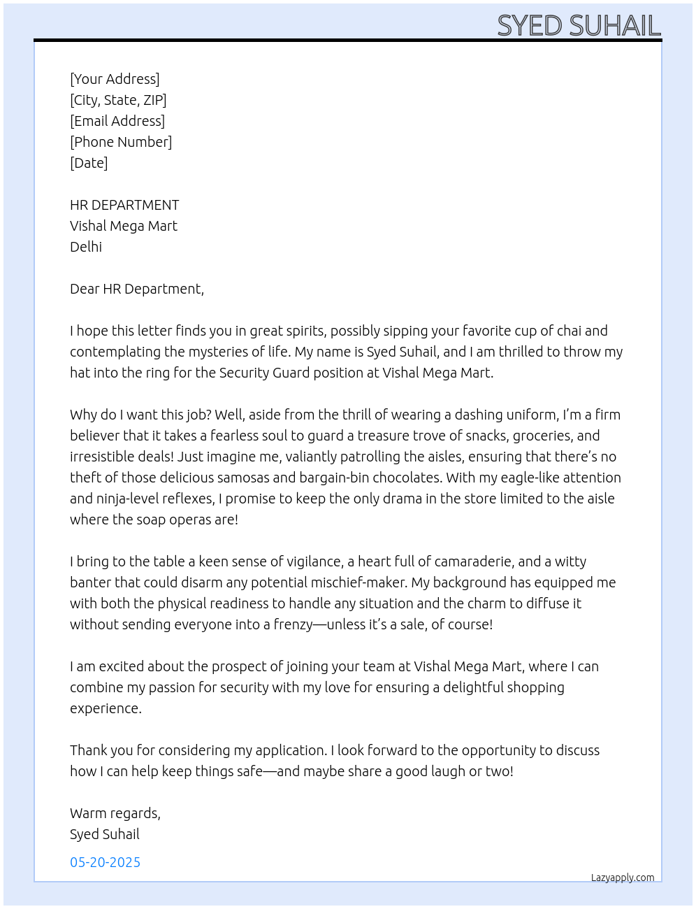 VISHAL MEGA MART SECURITY GUARD At Vishal mega Mart Cover Letter