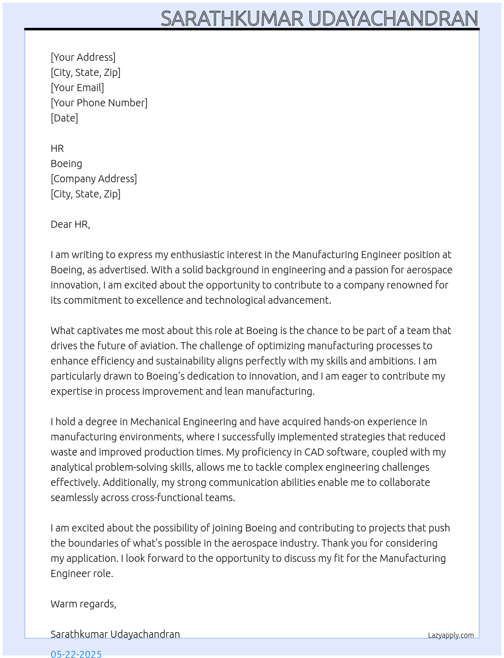 Manufacturing Engnieer At Boeing Cover Letter