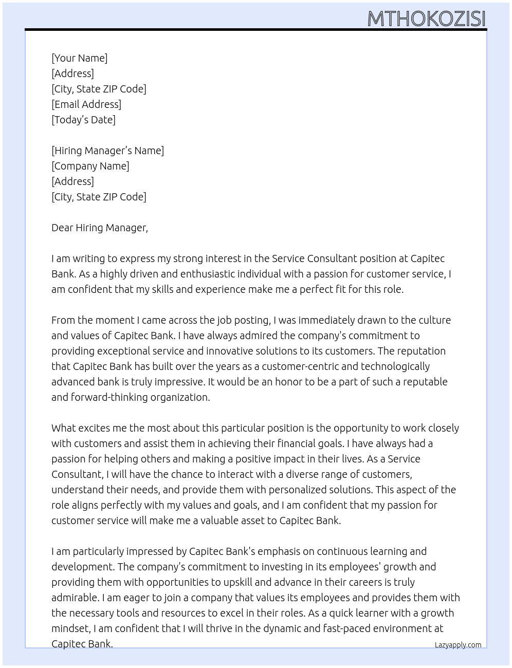 Service consultant At Capitec Bank Cover Letter