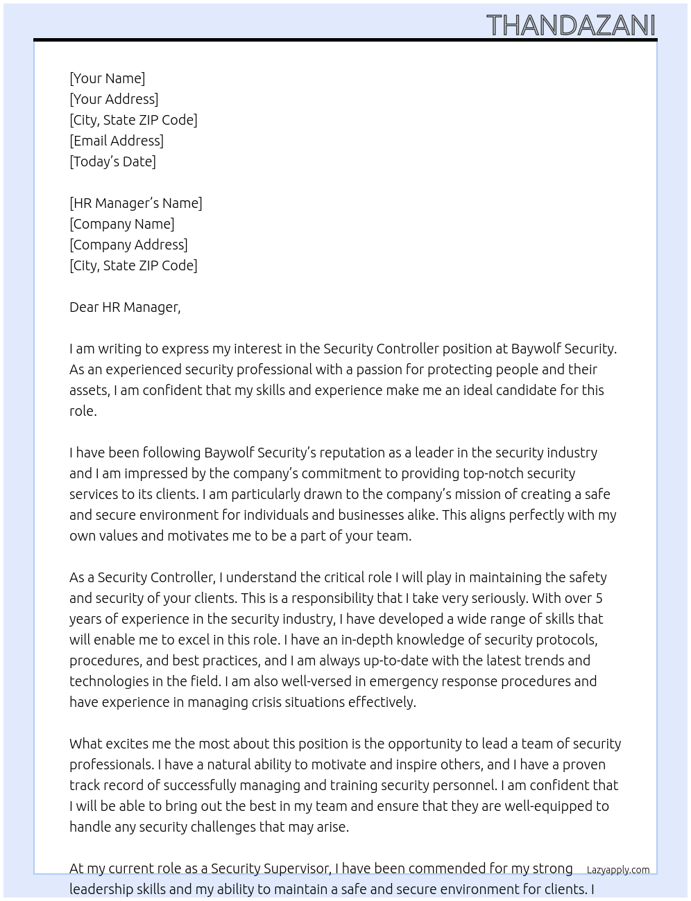 Security Controller  At BAYWOLF SECURITY Cover Letter