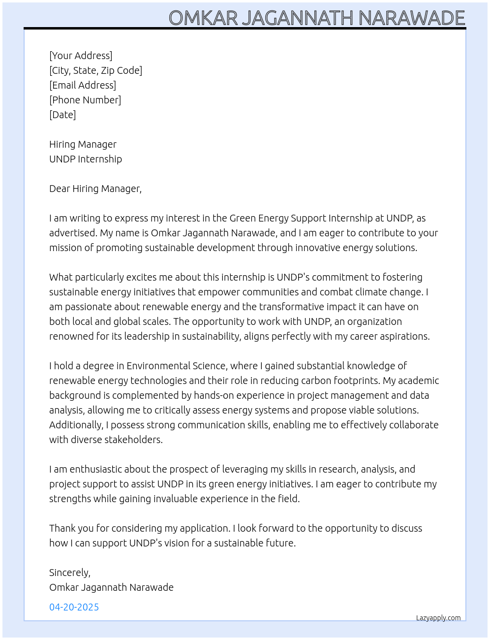 Green energy support intership  At UNDP intership  Cover Letter