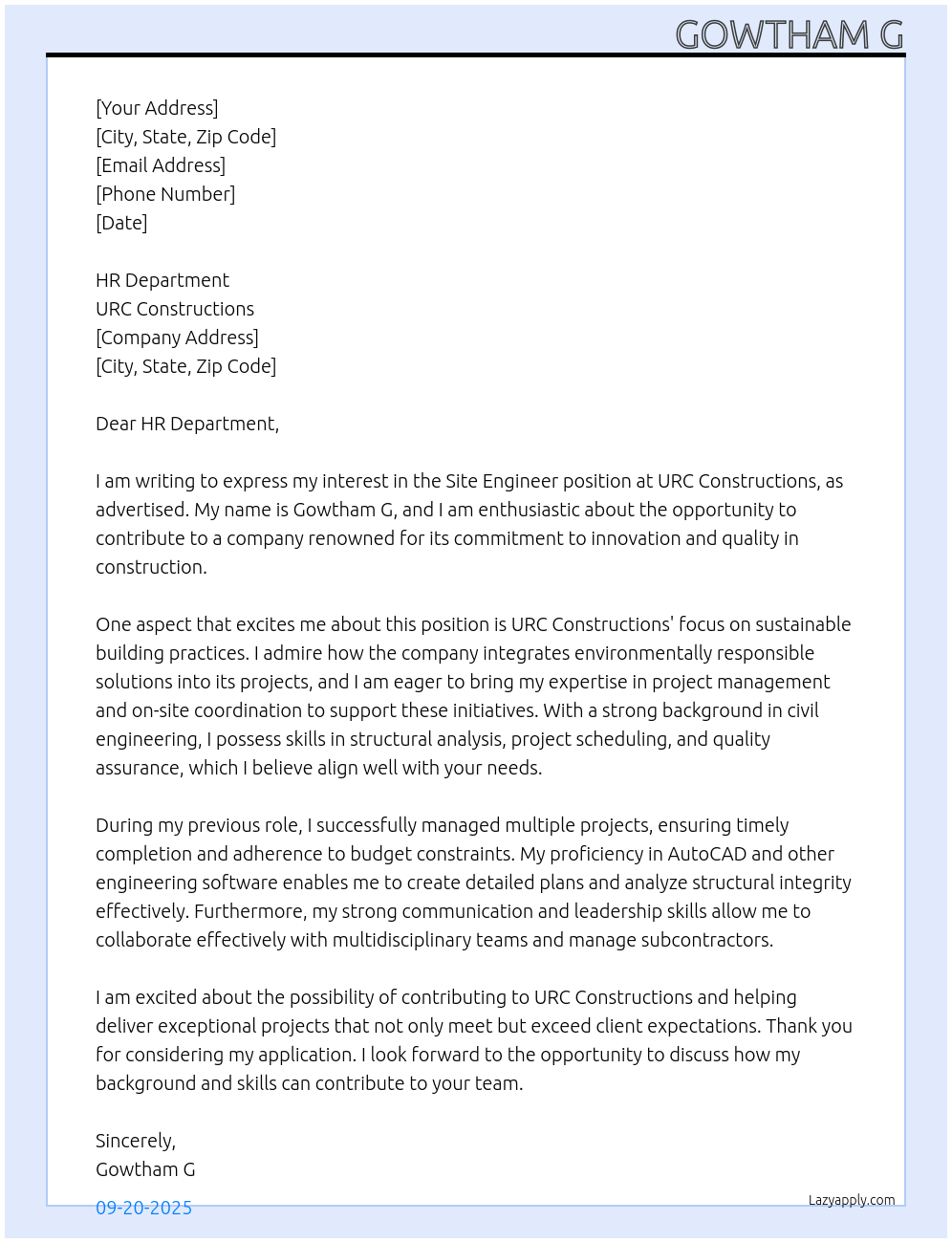 site engineer At URC Constructions Cover Letter