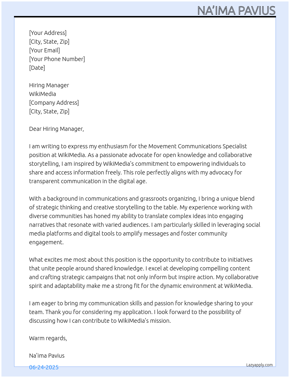 Cover letter for movement communications specialist - LazyApply