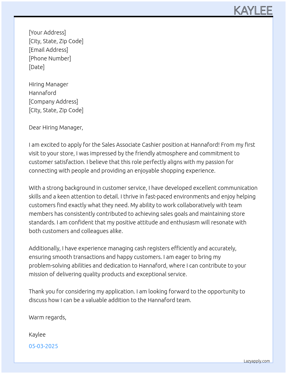 Sales Associate Cashier At Hannaford Cover Letter