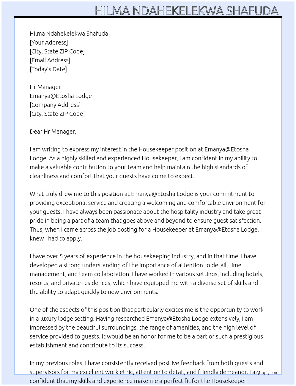 Housekeeper At Emanya@Etosha Lodge Cover Letter