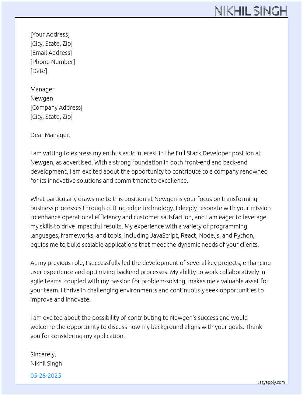 Full stack developer At Newgen Cover Letter