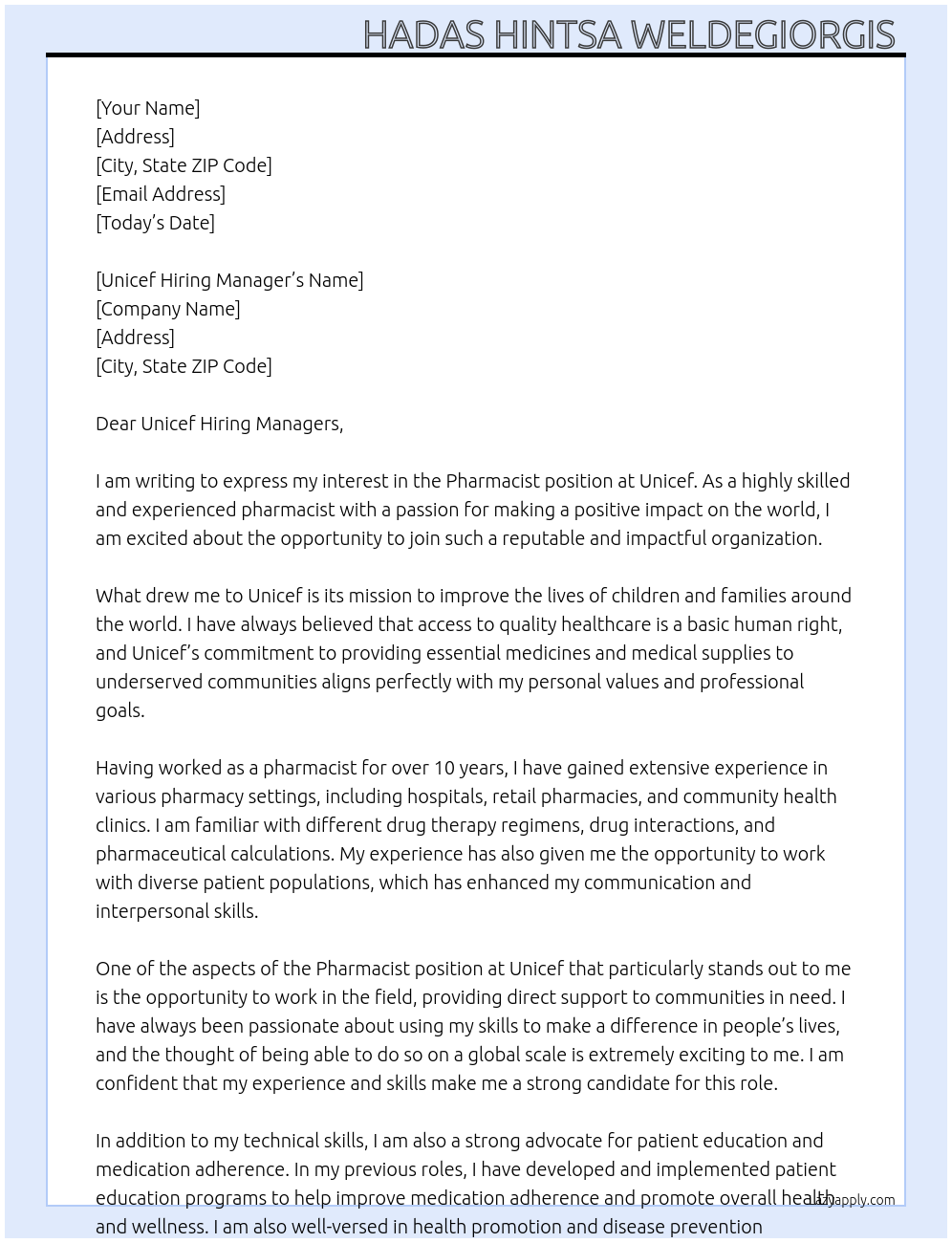 Pharmacist At Unicef Cover Letter