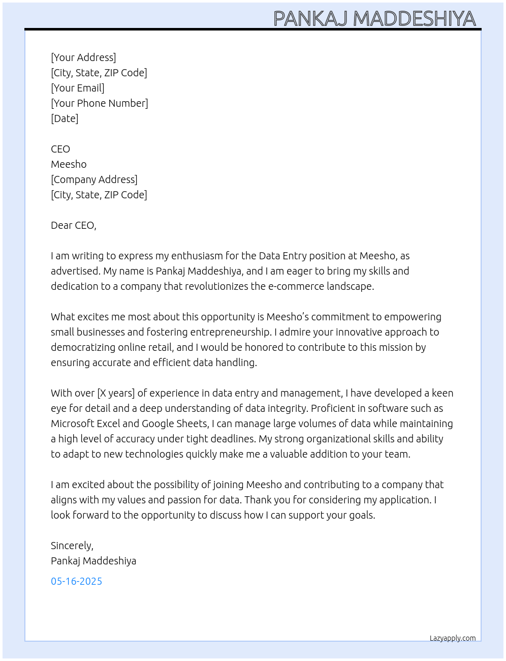 Data entry At Meesho Cover Letter