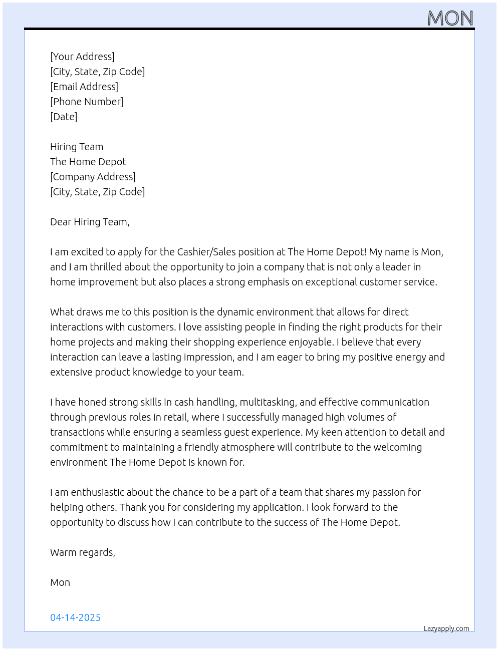 cashier/sales At The Home Depot Cover Letter