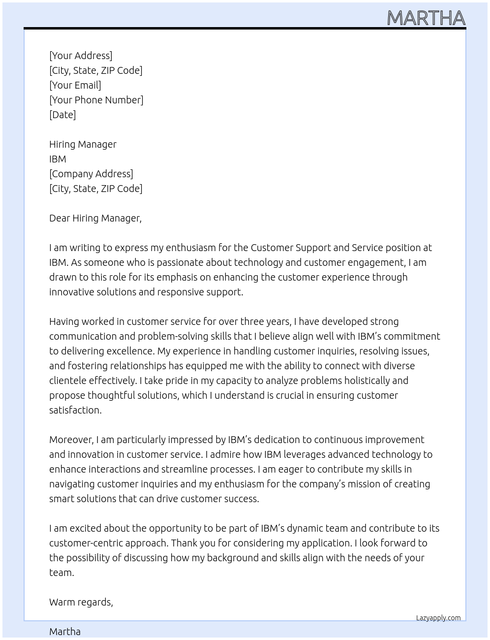 Customer Support and Service At IBM Cover Letter