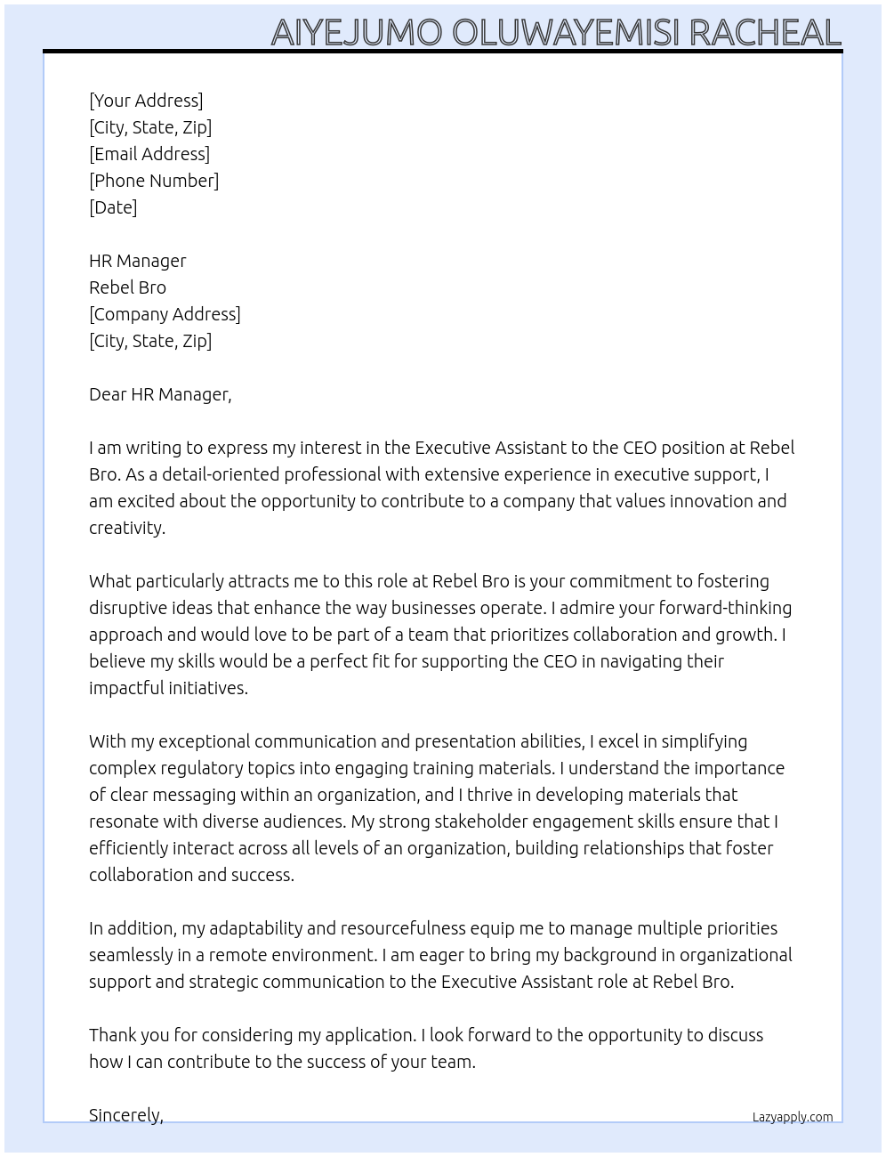 Cover letter for executive assistant to the ceo - LazyApply