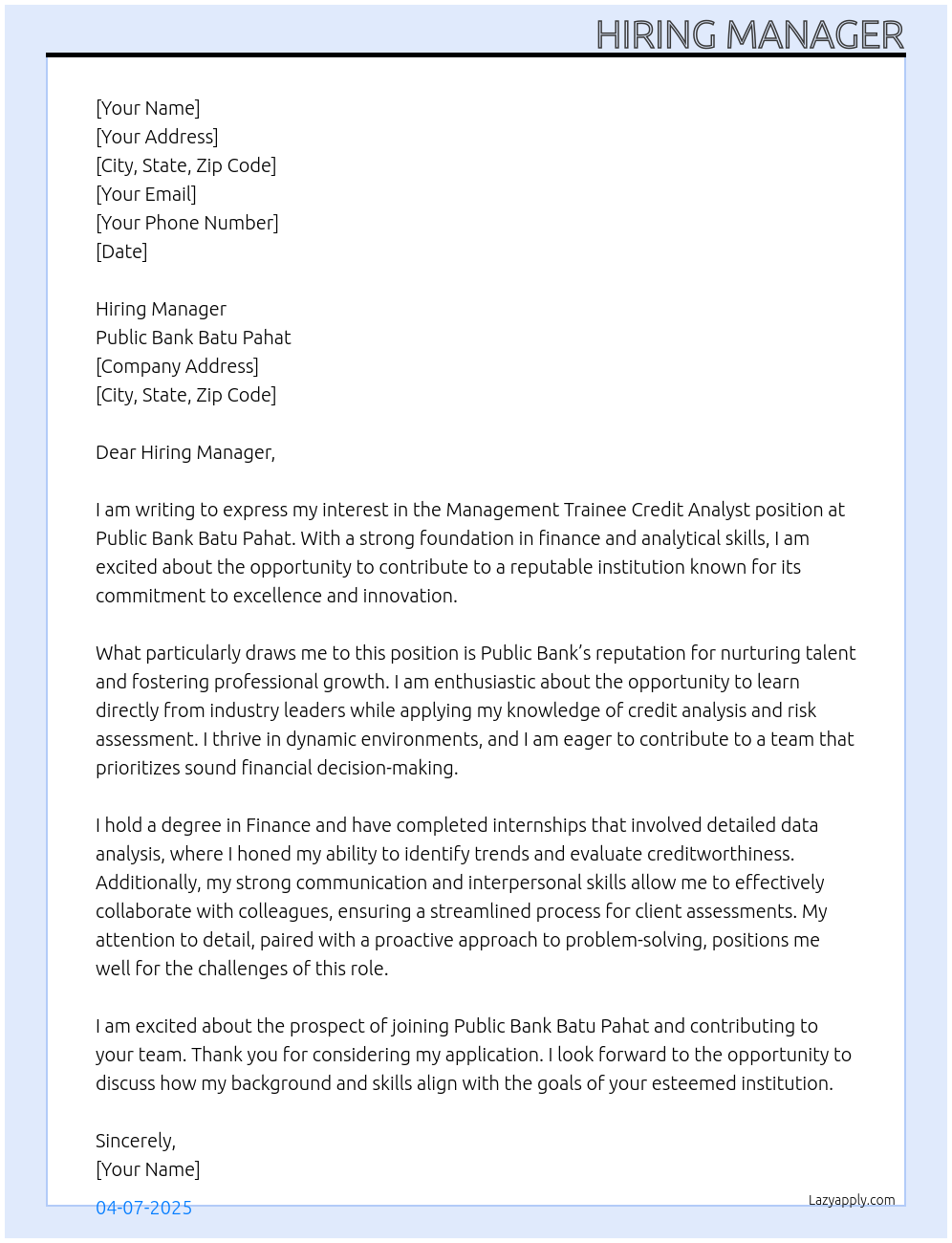 Cover letter for management trainee credit analyst - LazyApply