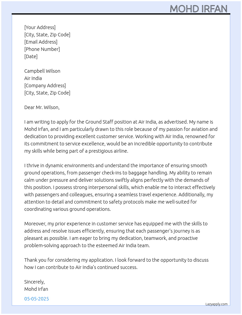 Ground staff At Air india Cover Letter