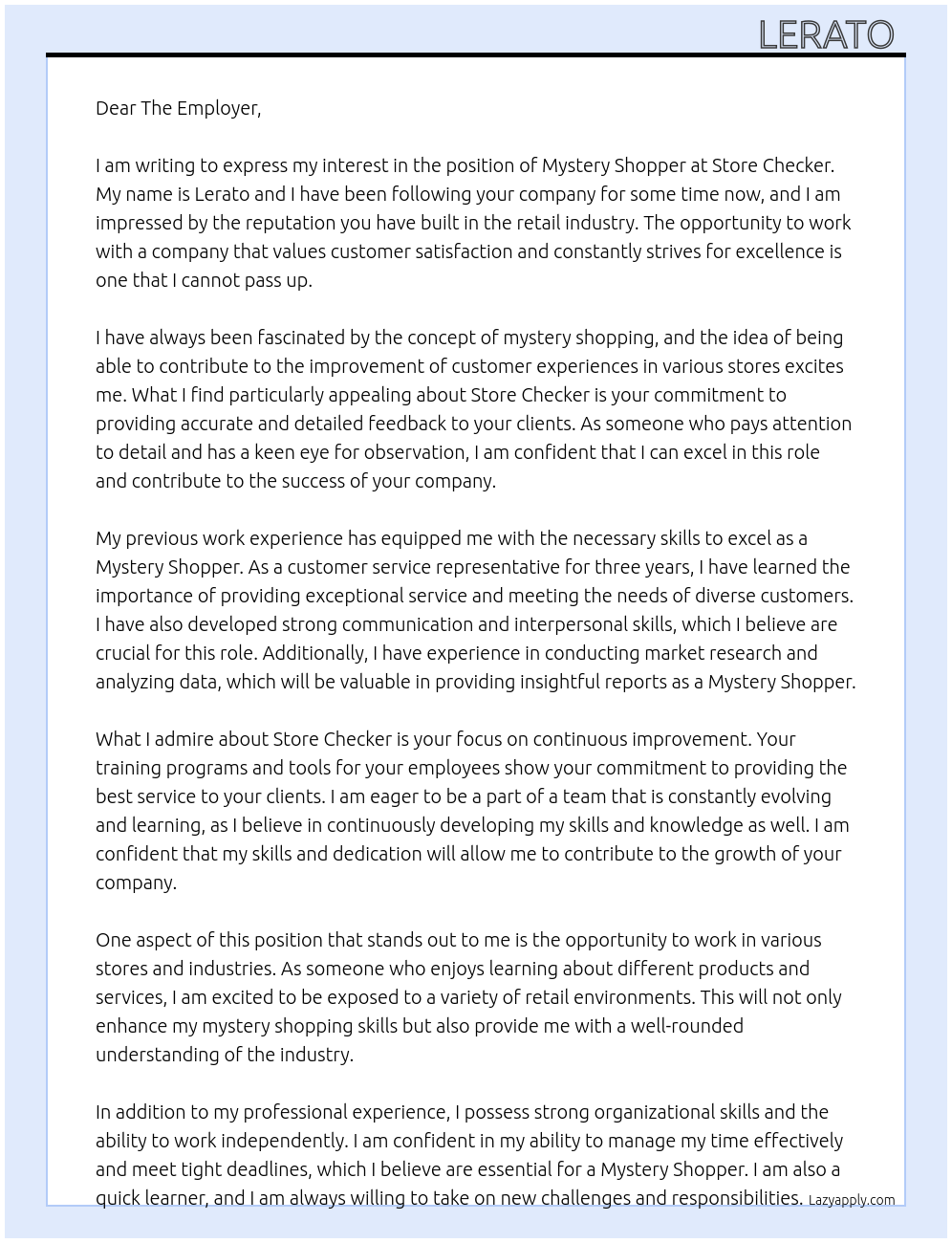 Mystery Shopper At Store checker Cover Letter
