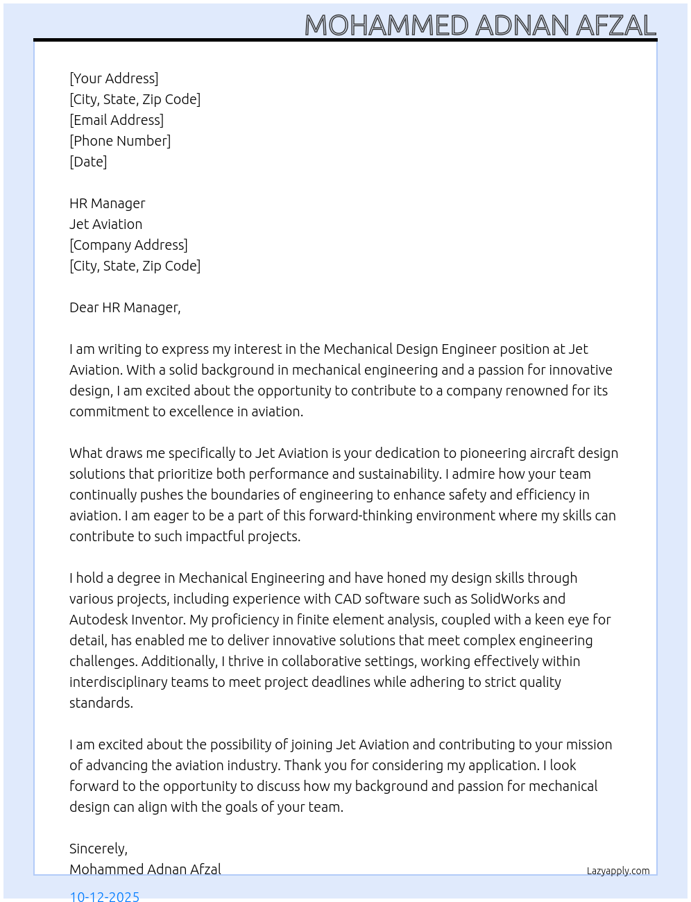 Cover letter for mechanical design engineer - LazyApply