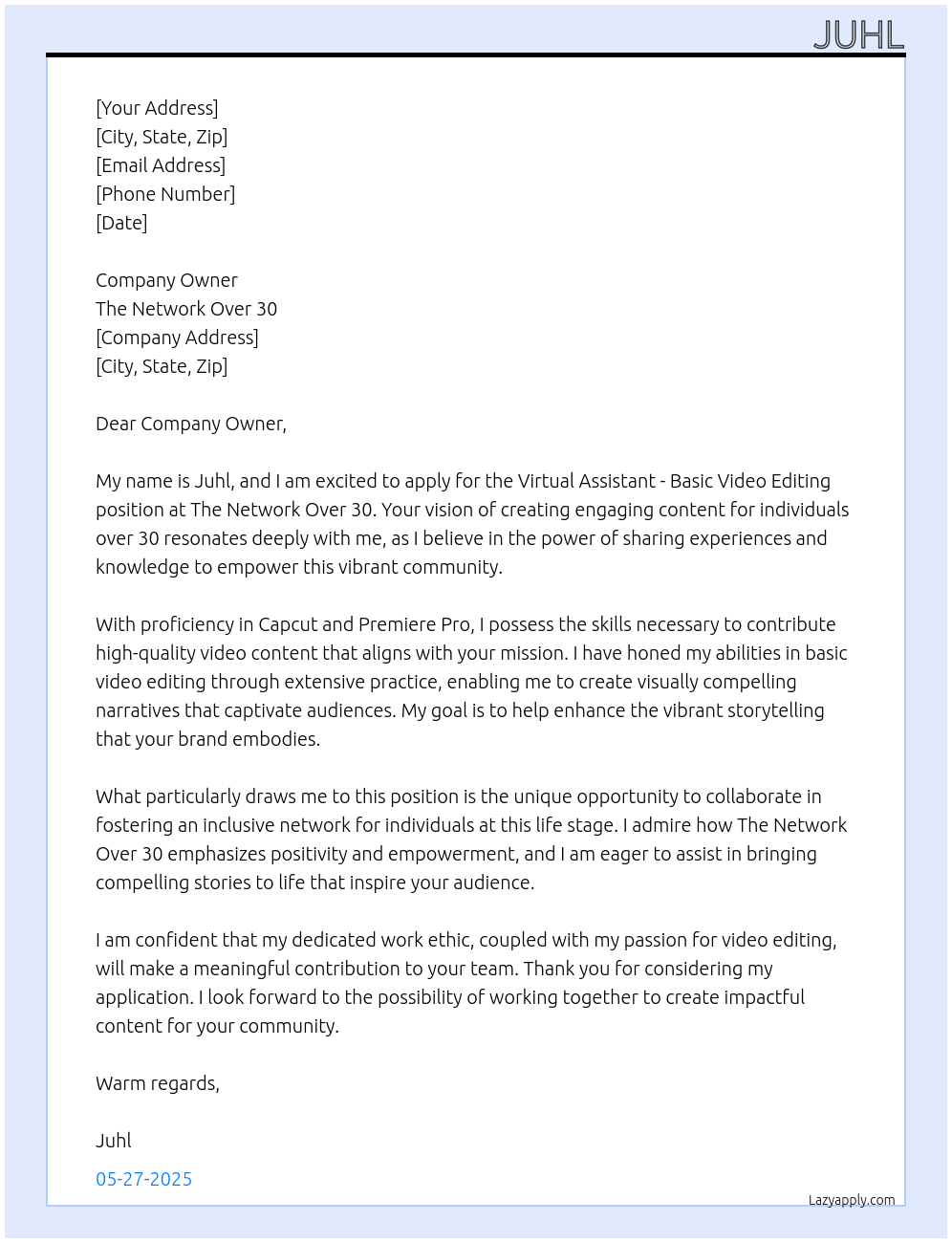 Cover letter for virtual assistant - basic video editing - LazyApply