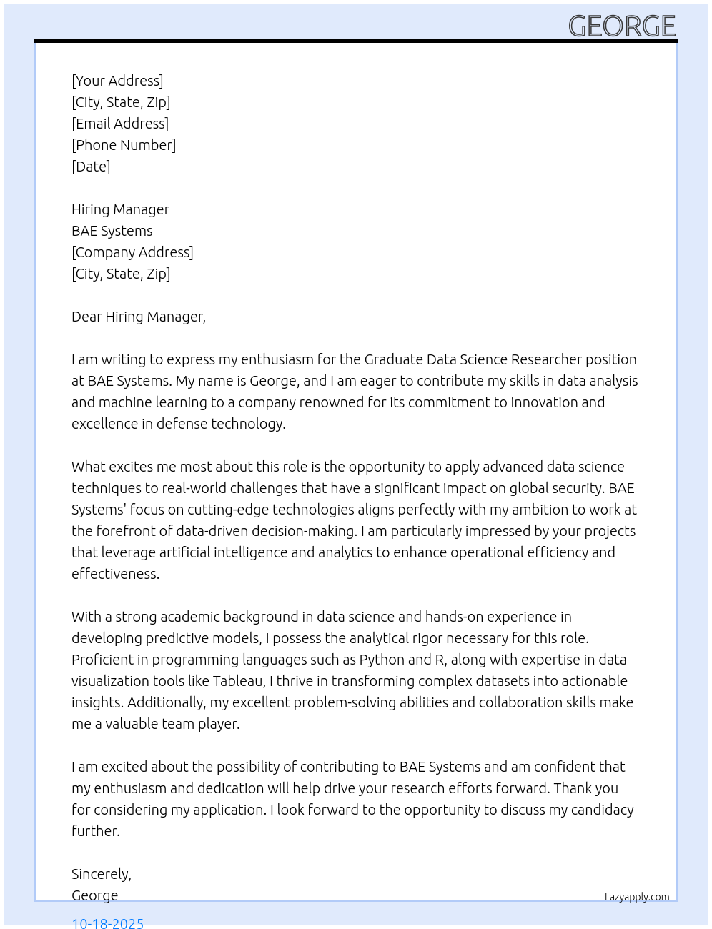 Graduate Data Science Researcher At BAE Systems Cover Letter