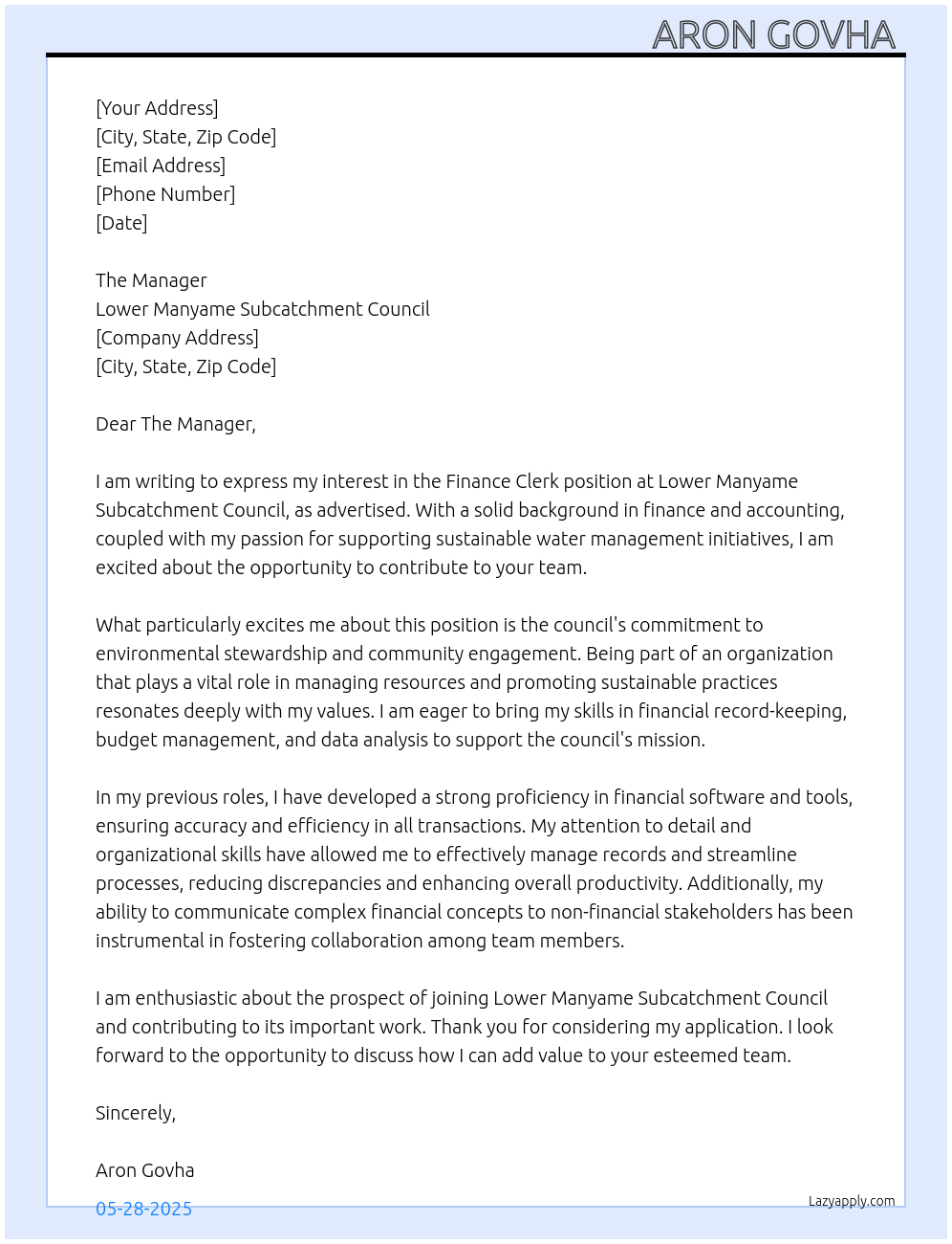 Cover letter for finance clerk - LazyApply