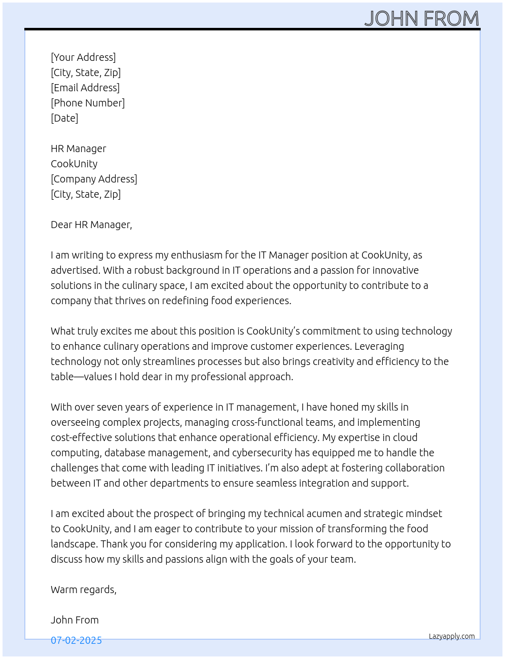 IT Manager At CookUnity Cover Letter