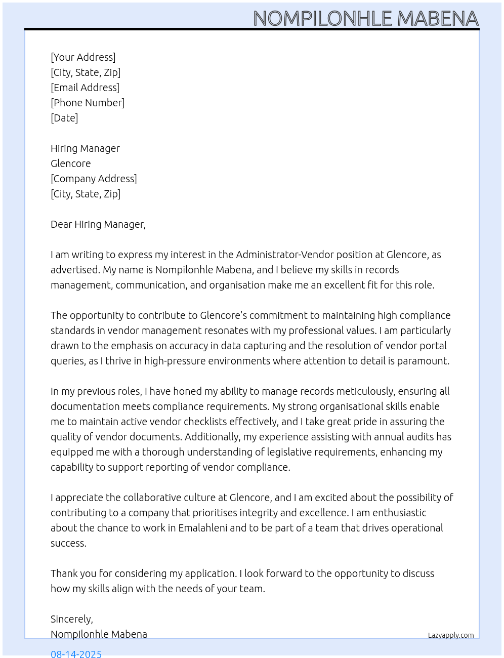 Cover letter for administrator-vendor - LazyApply