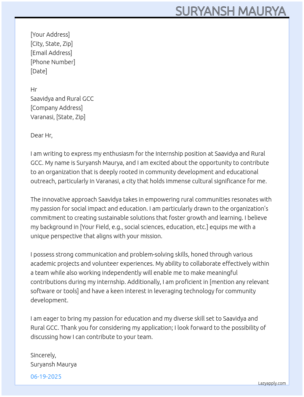 Internship At Saavidya and rural gcc Cover Letter