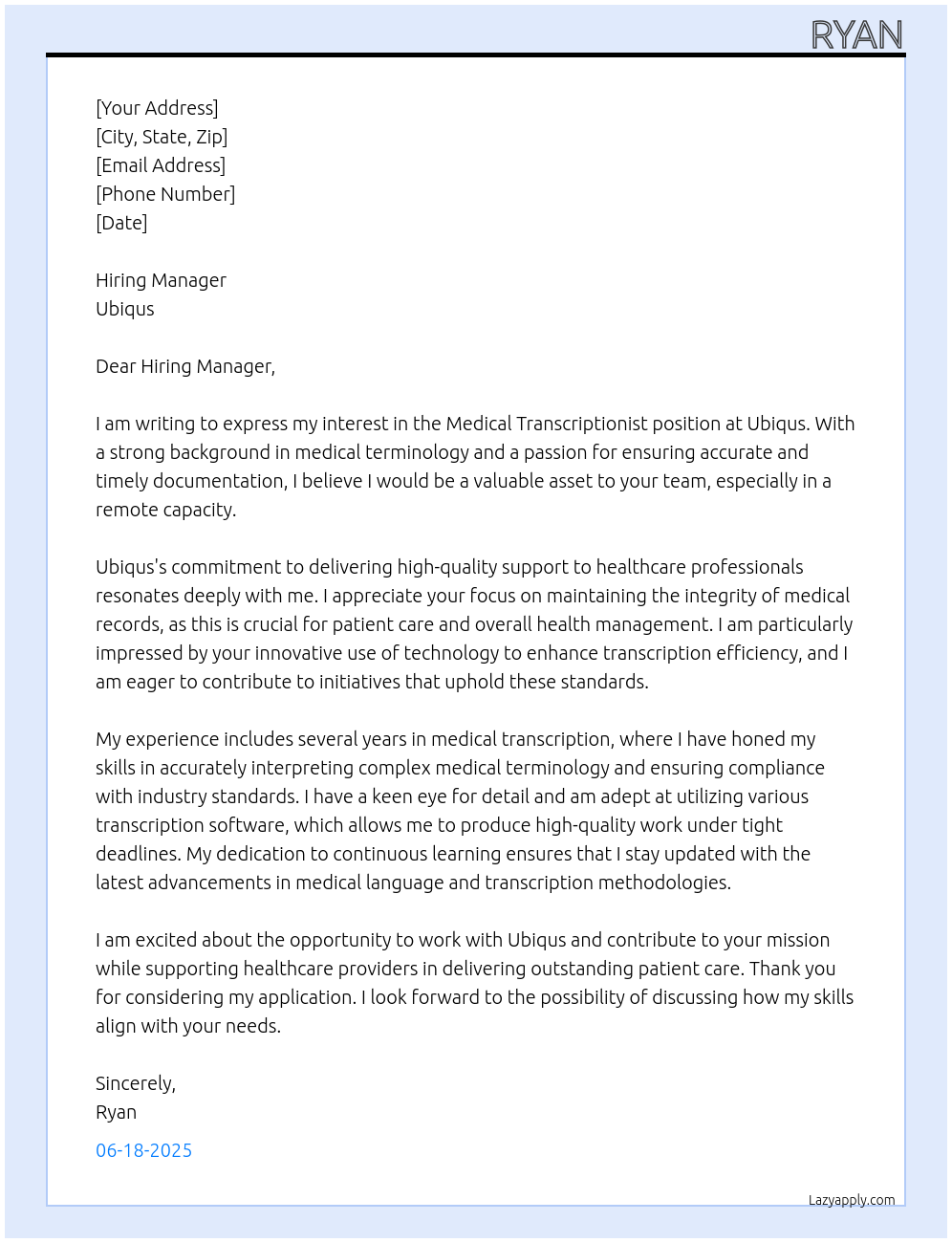 Cover letter for medical transcriptionist - LazyApply