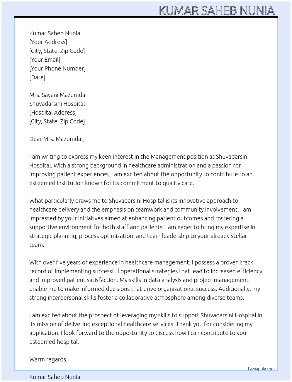 Management At Shuvadarsini Hospital Cover Letter