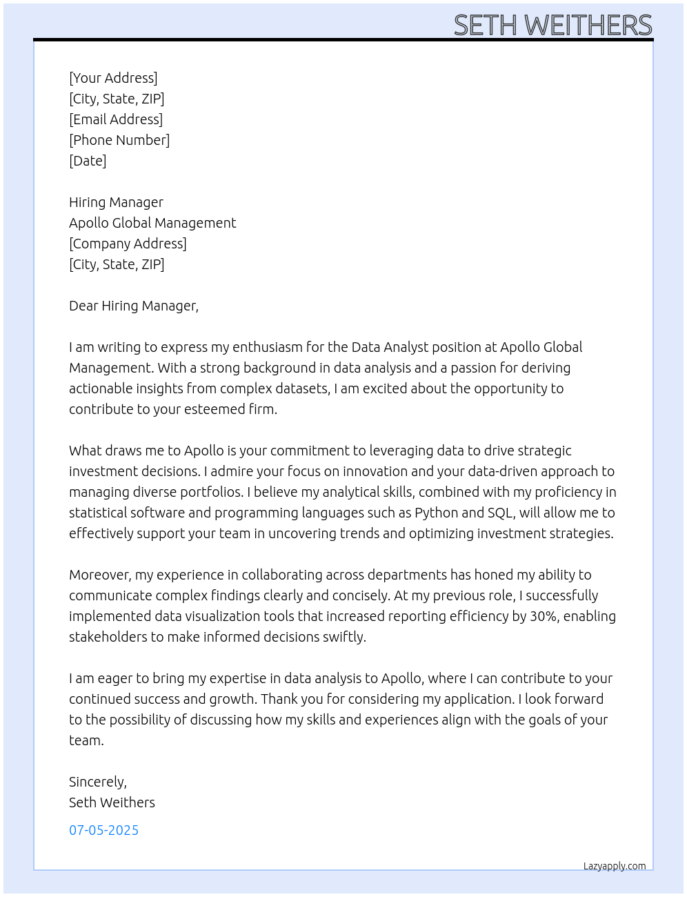 Data Analyst At Apollo Global Management Cover Letter