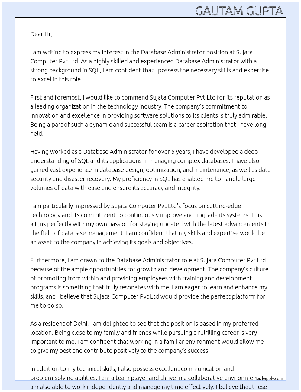 Database Administrator At Sujata Computer pvt ltd Cover Letter