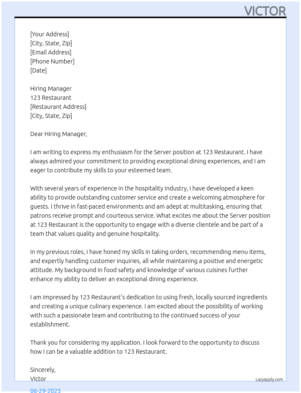 Cover letter for server - LazyApply