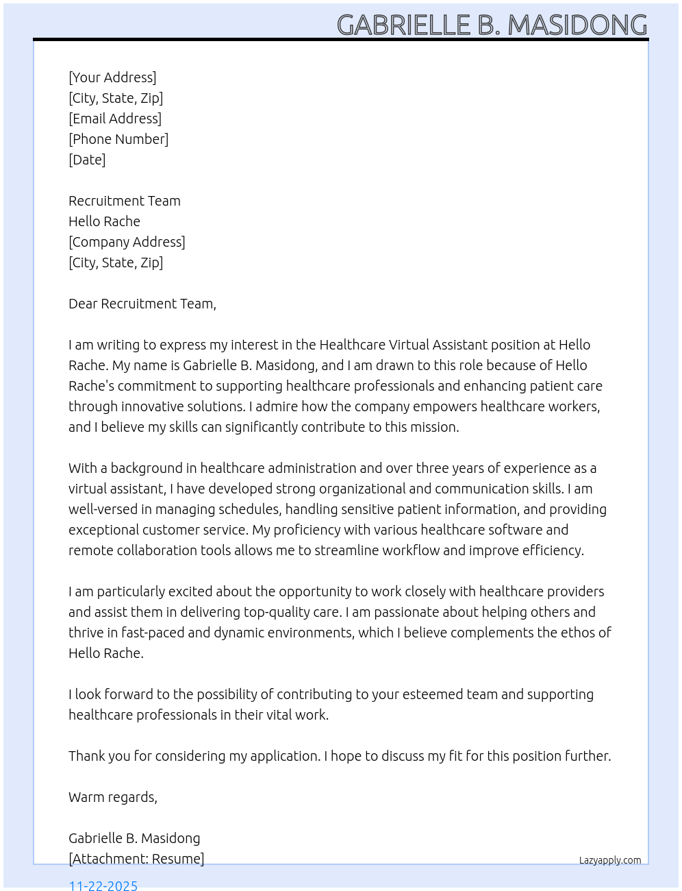 Cover letter for healthcare virtual assistant - LazyApply