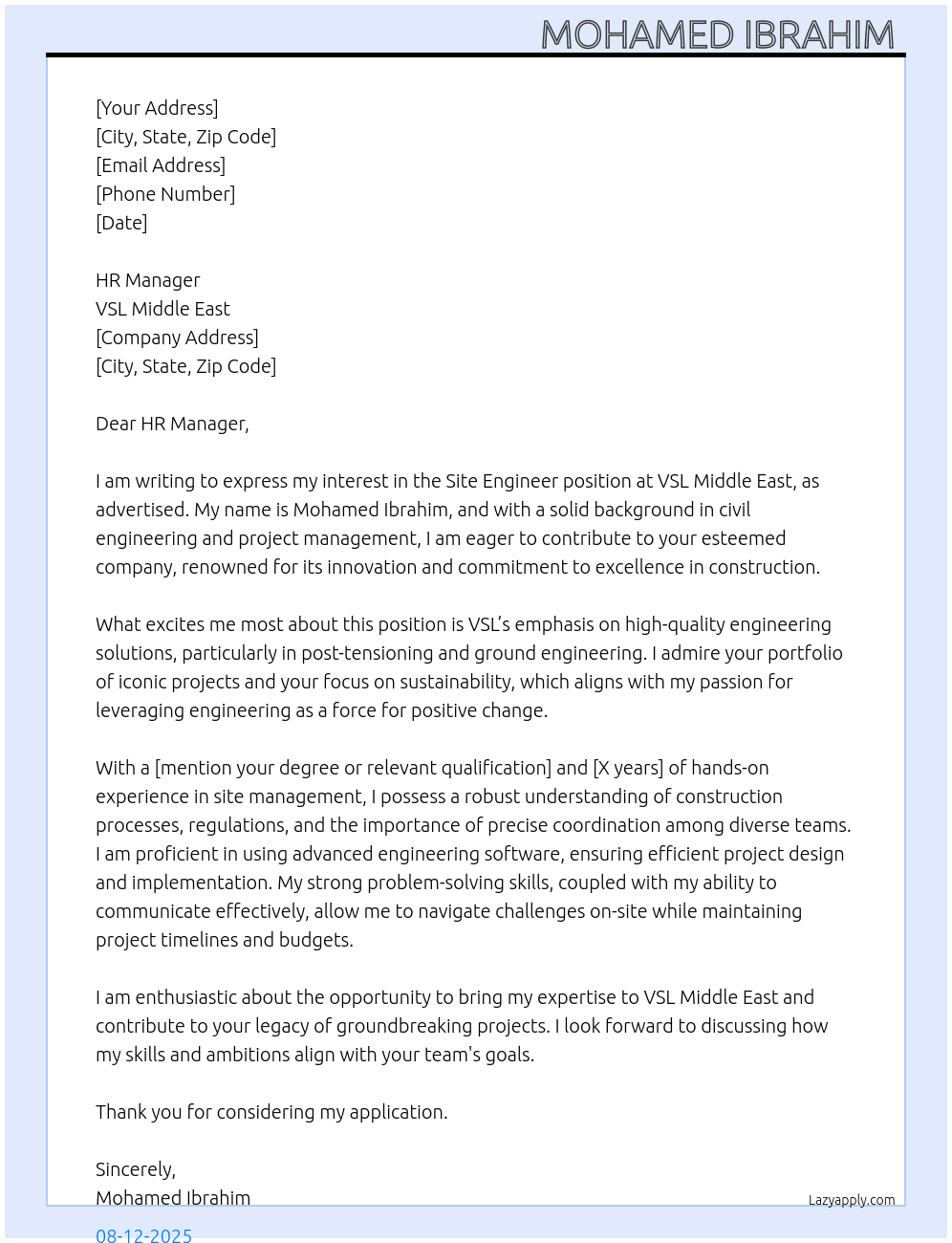 Site engineer At VSL middle east Cover Letter