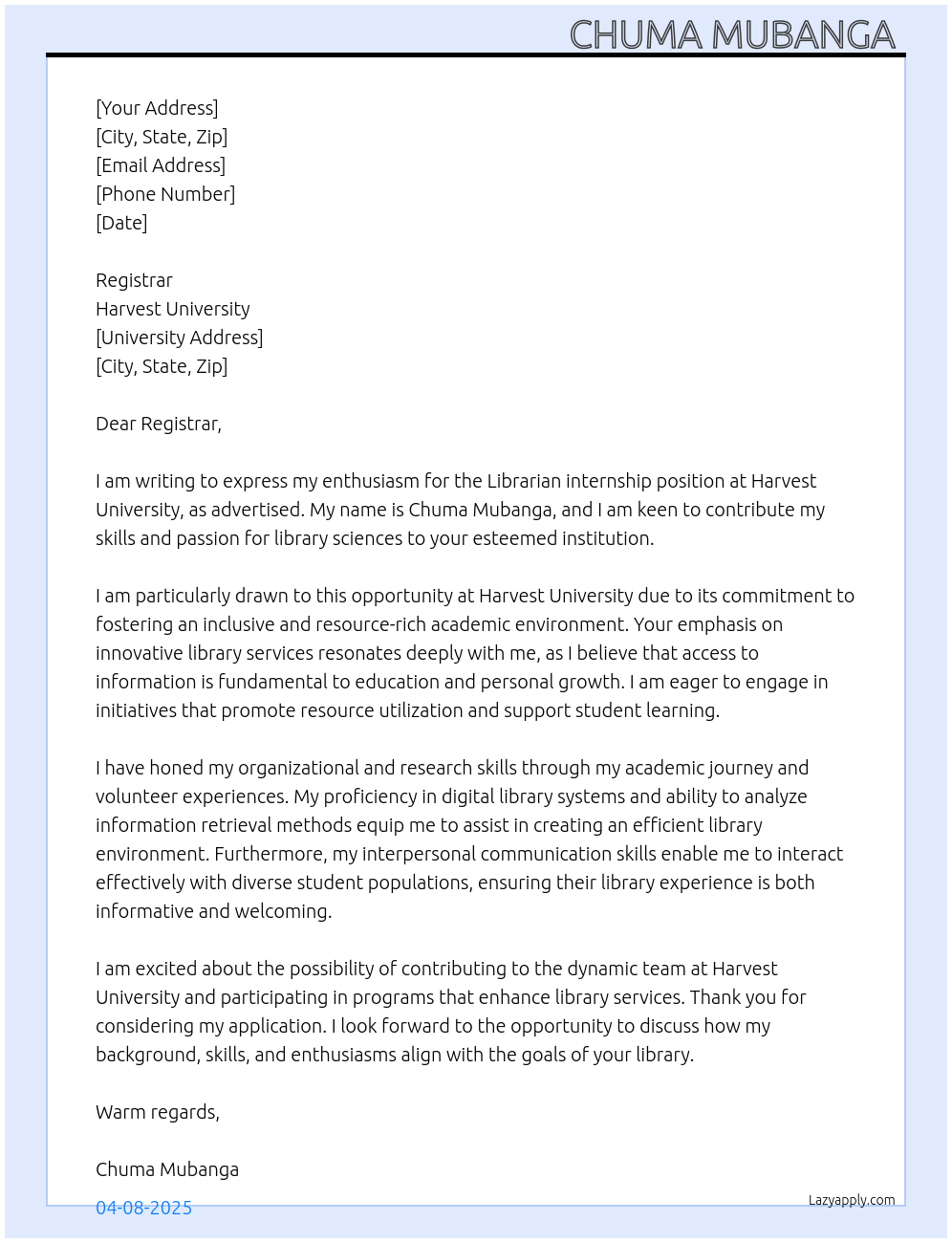 Librarian At Harvest university Cover Letter
