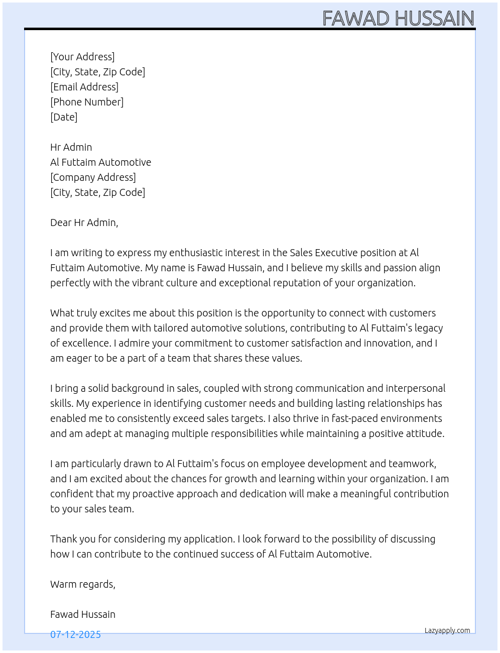 Sales executive  At Al Futtaim automotive  Cover Letter