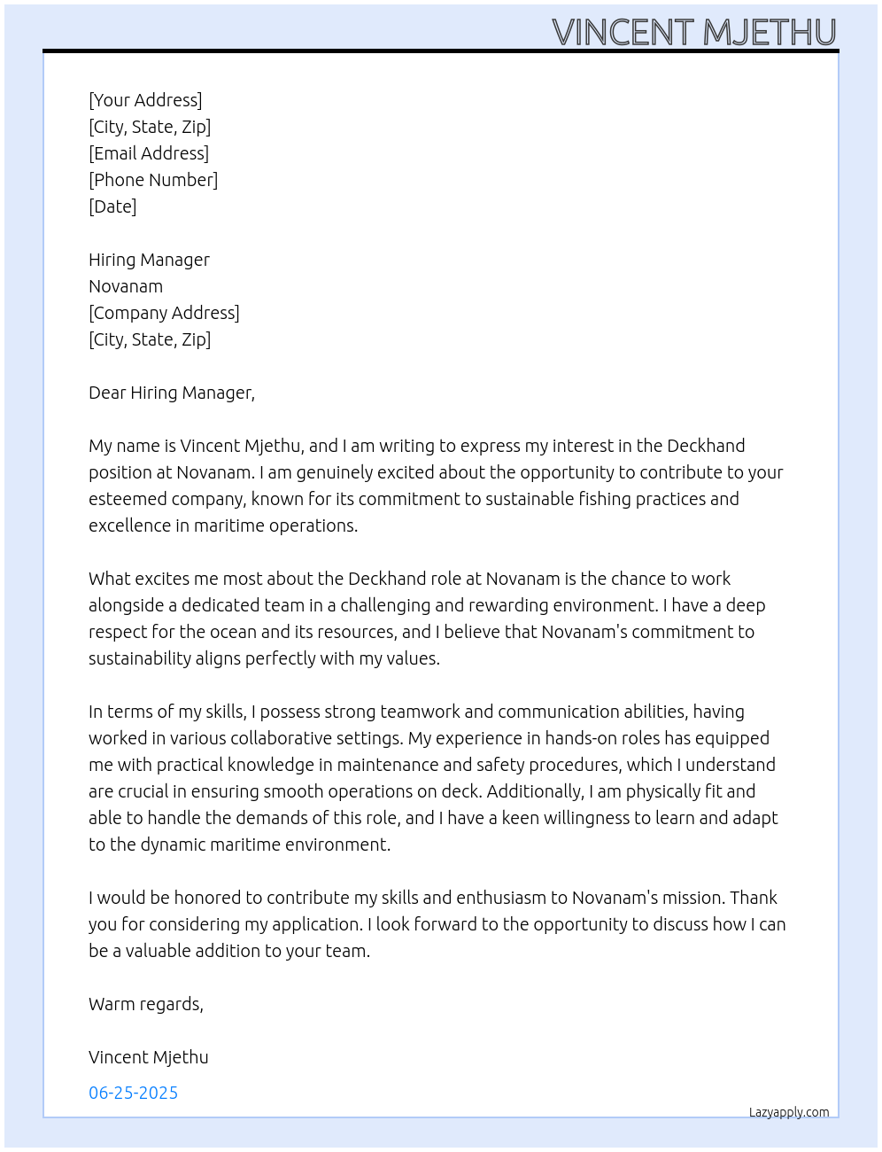 Deckhand At Novanam Cover Letter